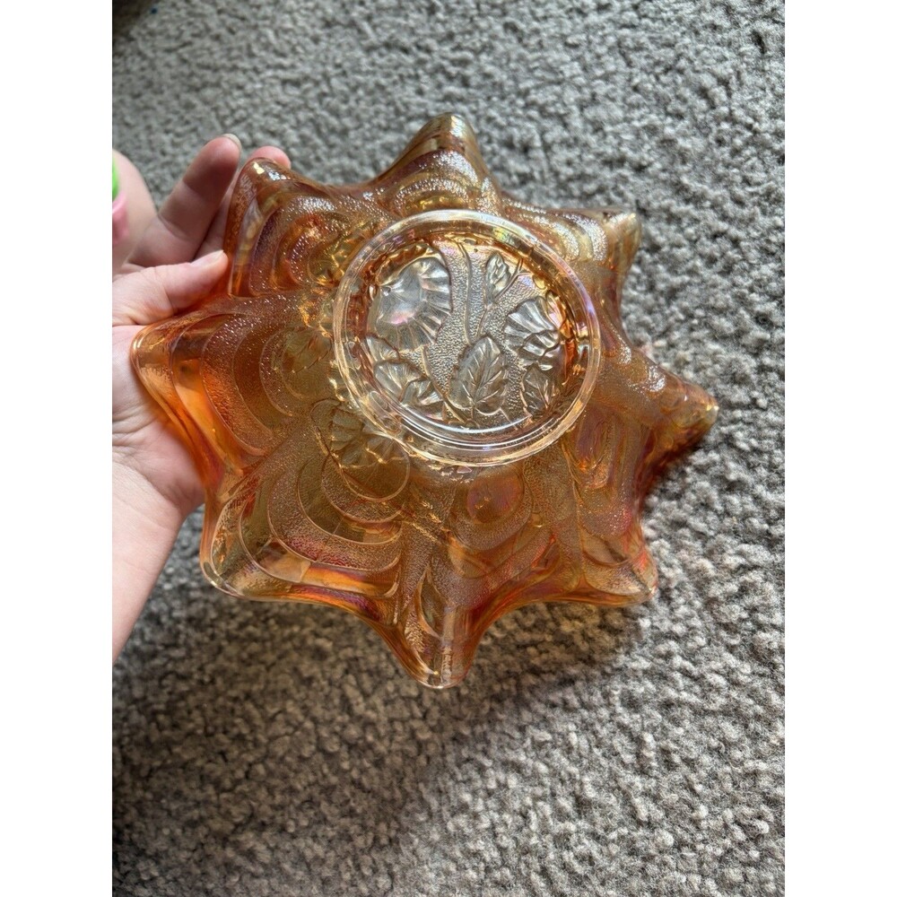 Vintage Imperial Art Glass Carnival Pansy Bowl Flowers 9" Marigold - Picture 4 of 5